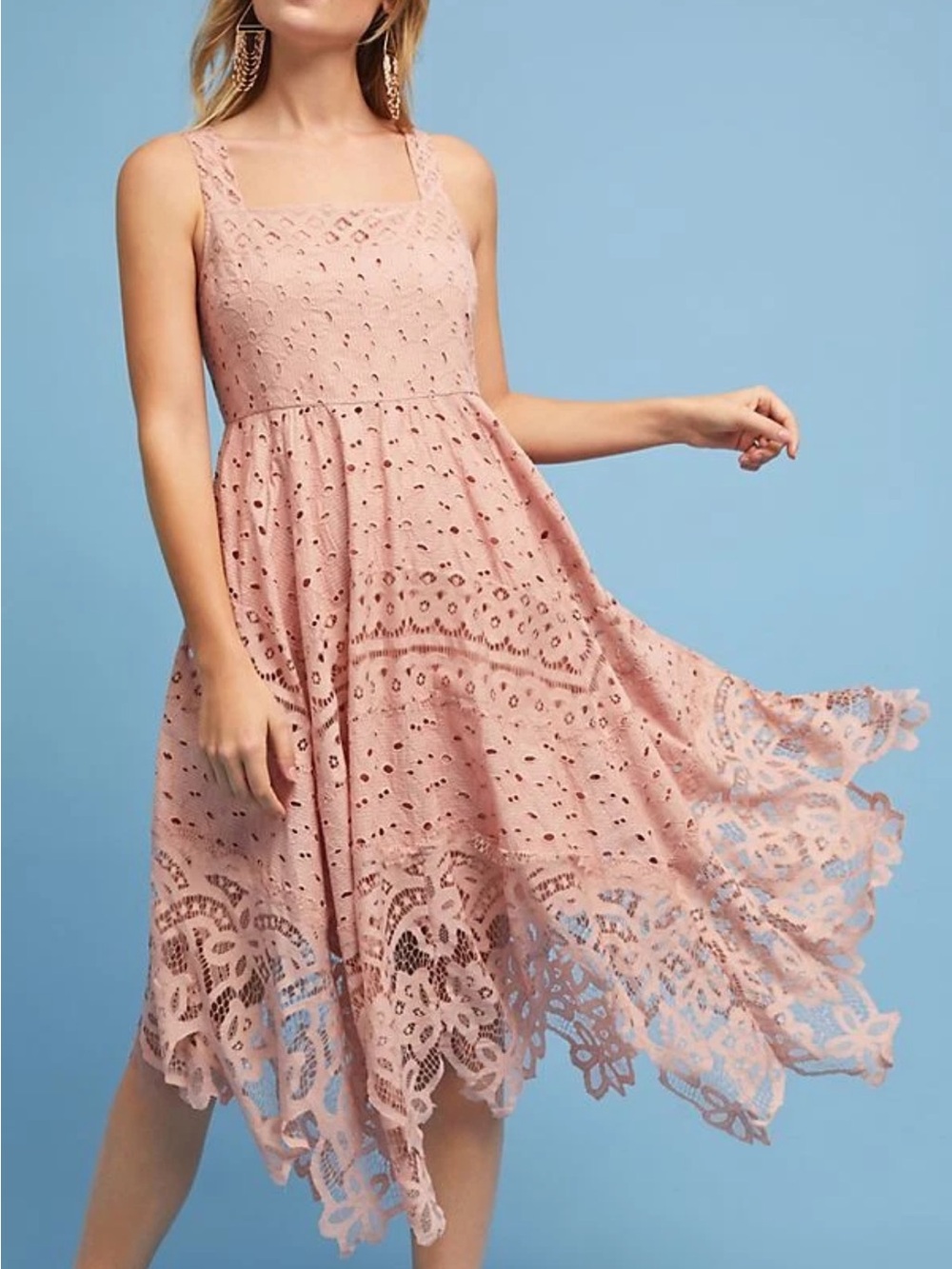 Anthropologie Maeve Aiza Lace Dress SZ 2 Blush Pink Midi Whimsy Fairy Chic Retro